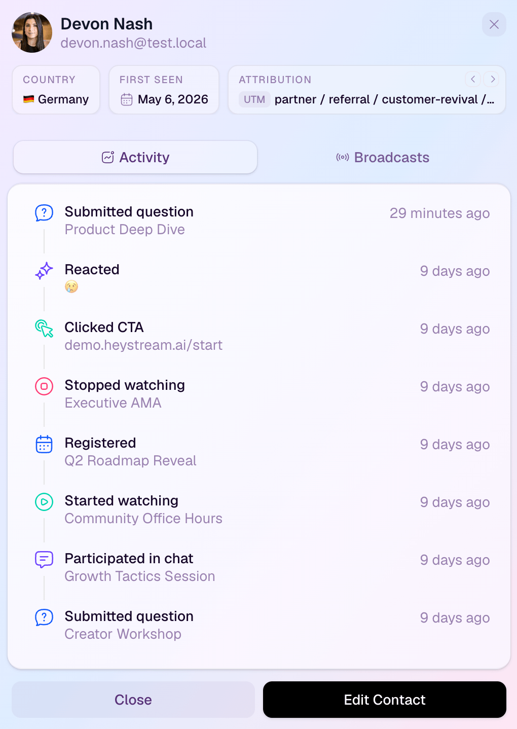 A contact activity record showing webinar engagement signals in HeyStream