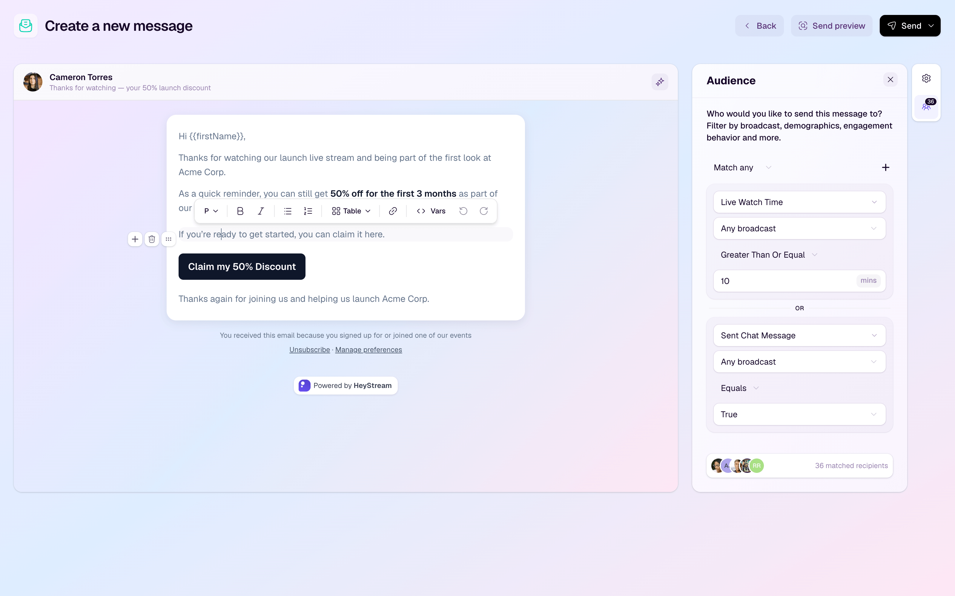 HeyStream automation builder using attendance and CTA signals to trigger next steps