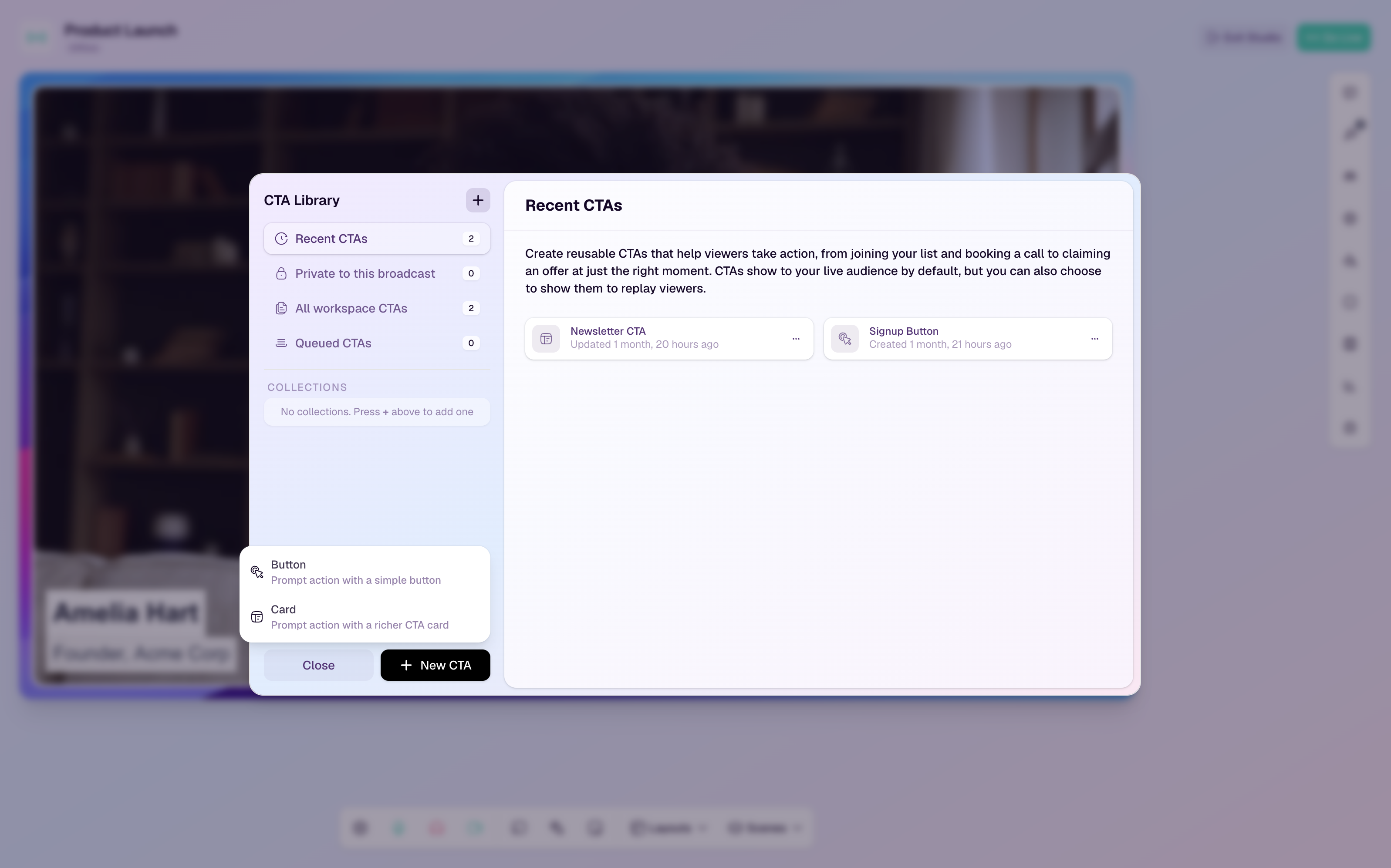 The HeyStream CTA library showing reusable CTA options for live and replay broadcasts